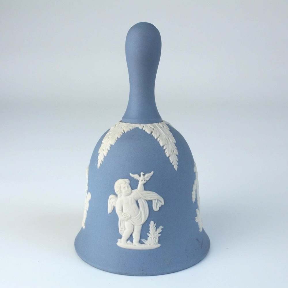 Wedgwood Blue Jasperware Cherub Angel Hand Bell White Relief England No Clapper